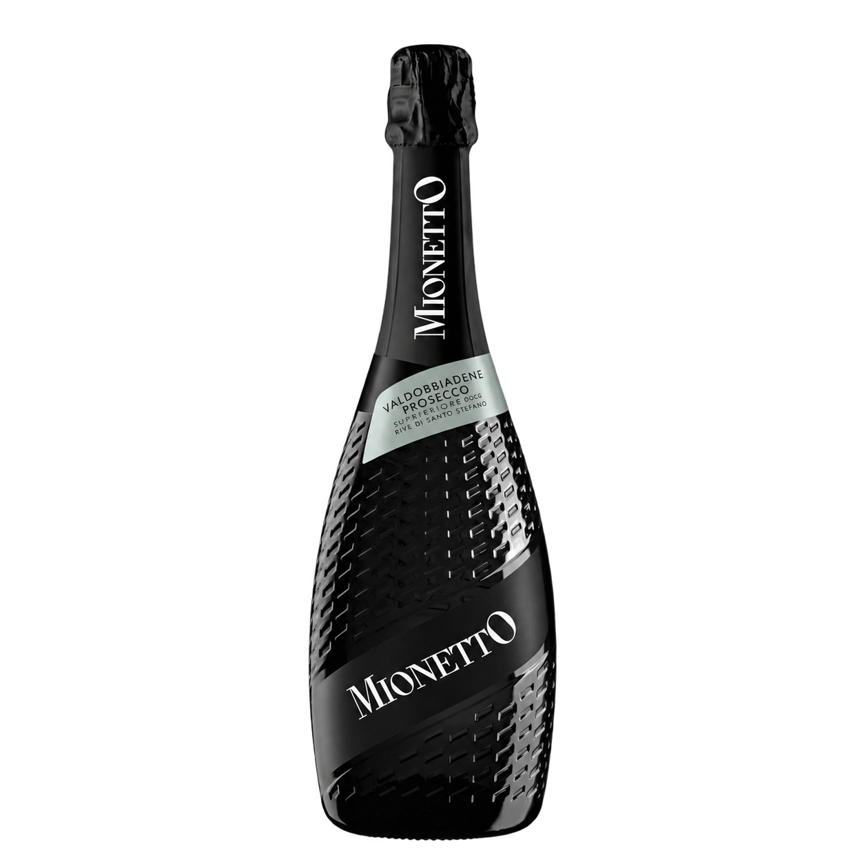 Garrafa de Prosecco Mionetto DOCG Superiore Rive di Santo Stefano Brut diante das cores da bandeira italiana.